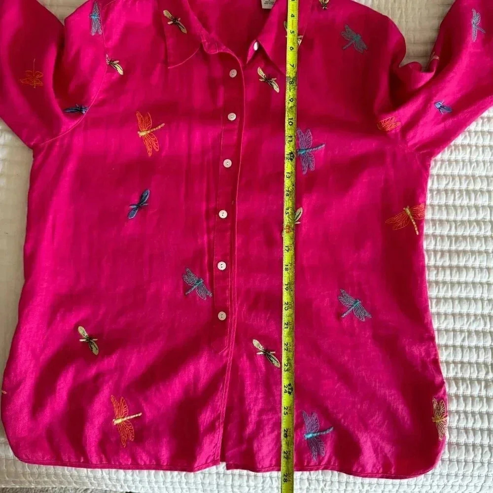 KIM ROGERS Women’s Top Blouse size L embroidered dragonflies 100% linen blouse - Picture 10 of 12